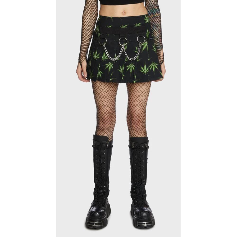 Tripp NYC Grass Mary Chain Pleated Mini Skirt Womens Size XL Black Weed Grass